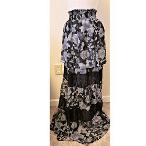 MISA Los Angeles Floral Ruffled Hem Maxi Skirt Size-M Black